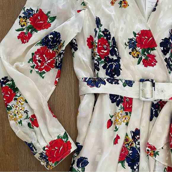 Tory Burch White Multicolor Ruffle Floral Printed Silk Wrap Dress Belted 10 NWT - Picture 3 of 8